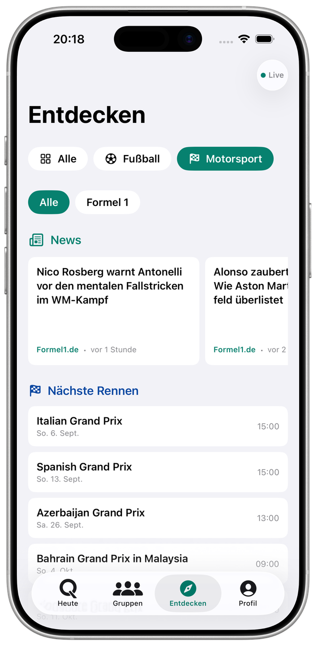 Qyppo Entdecken-Tab, Motorsport-Filter: Formel-1-News und die nächsten Rennen im Kalender