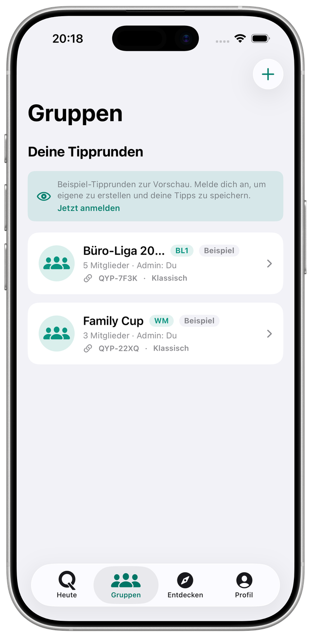 Qyppo Gruppen-Tab: Liste der Tipprunden mit Mitgliederzahl und Invite-Code