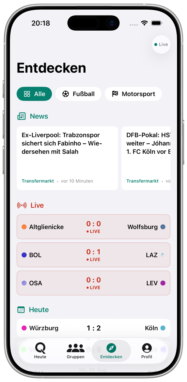Qyppo Entdecken-Tab: mehrere Live-Spiele mit Echtzeit-Stand