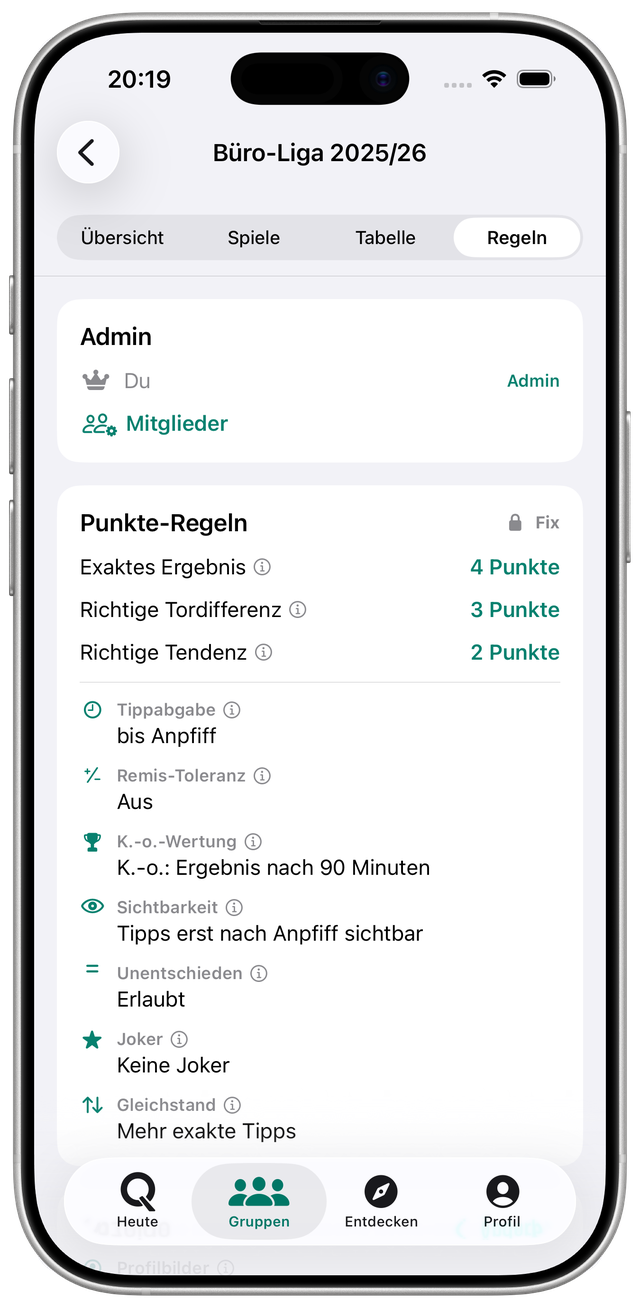 Qyppo Regeln-Tab einer Gruppe: Punkte für Ergebnis, Differenz und Tendenz, Tippabgabe, K.-o.-Wertung